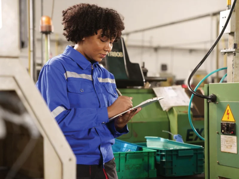 Employee inspecting machine guarding during a workplace safety audit.